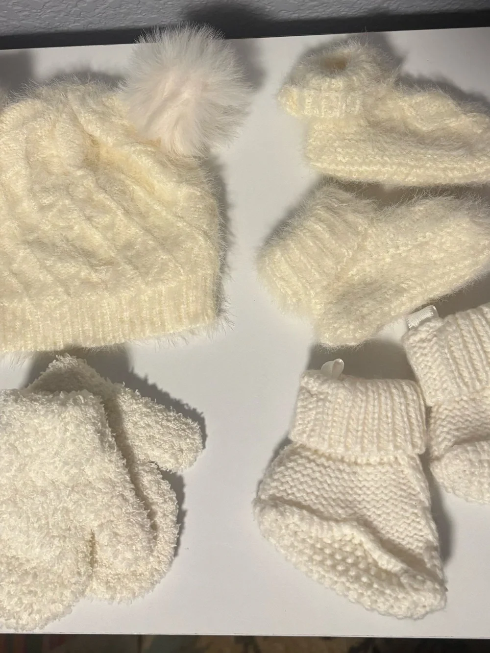 Cozy Cream Knit Baby Hat, Mittens & Booties Set - Soft Pom Pom